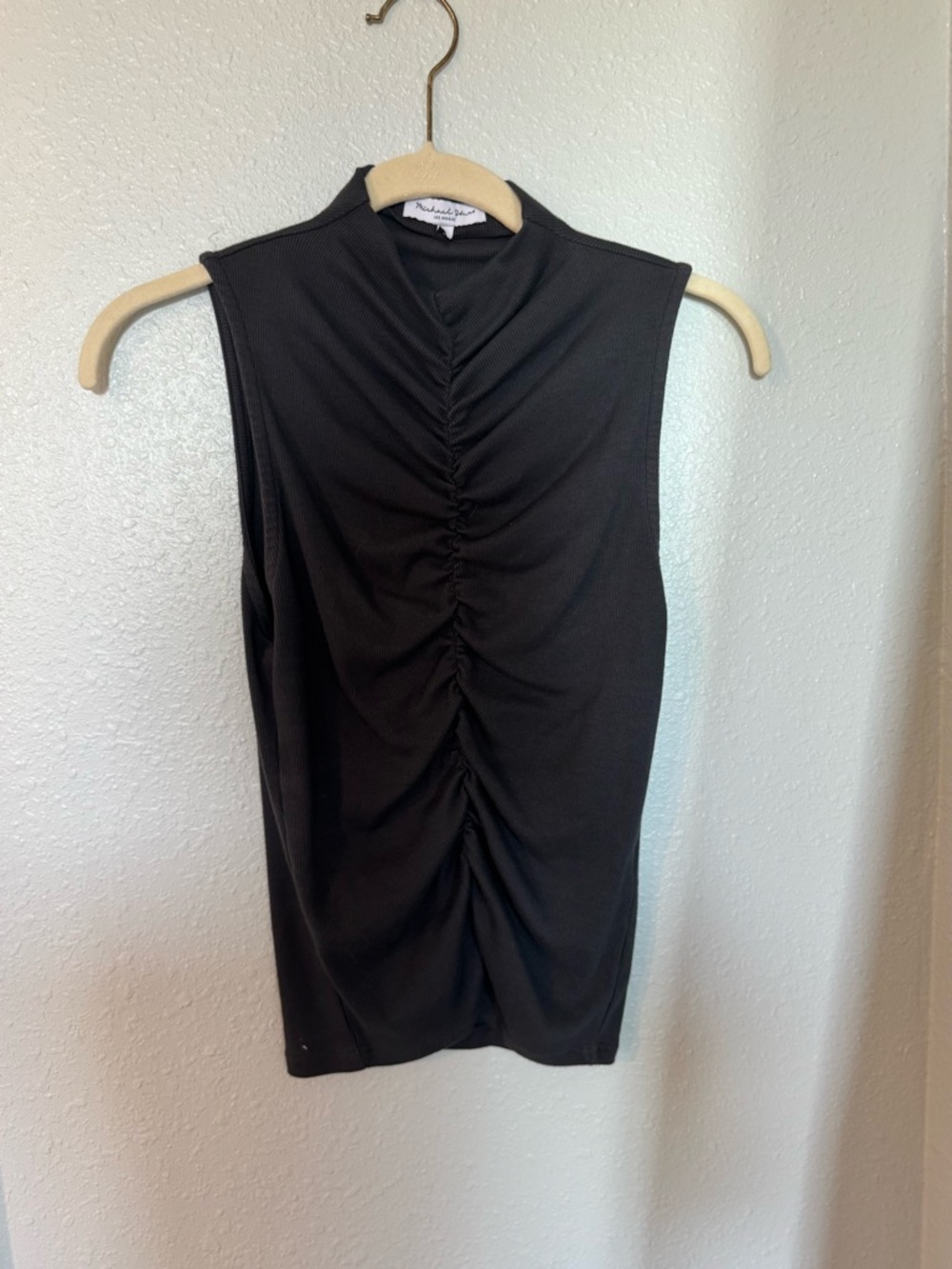 Micheal Stars  DK Gray Sleeveless Ruched Mock Neck Top